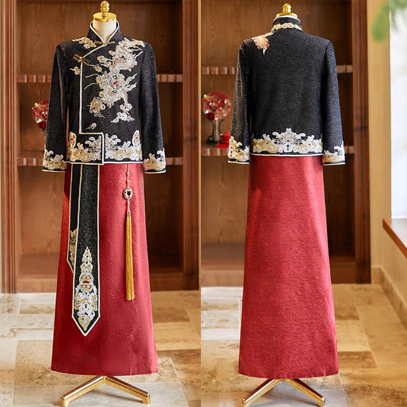 秀禾服新郎2024新款男装龙凤褂中式敬酒服黑色礼服重工接亲服男士