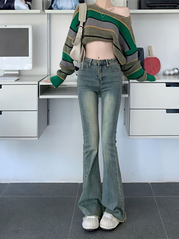 孤品显高显瘦中高腰牛仔裤直筒百搭设计感韩版喇叭裤直播间为准