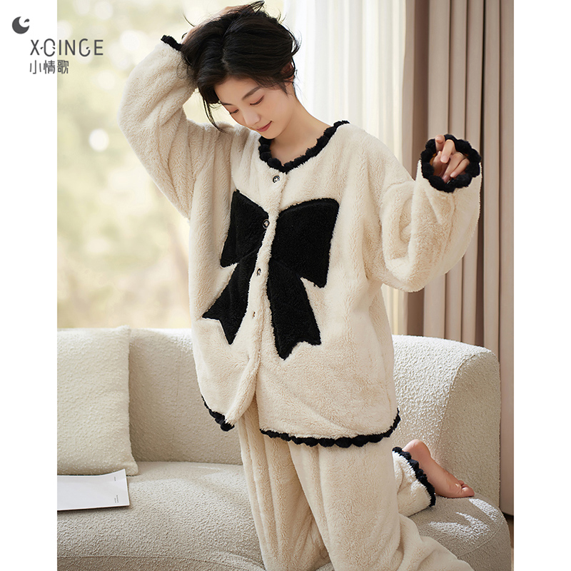 小情歌睡衣女珊瑚绒加绒加厚秋冬季宽松保暖雪花绒可外穿家居服