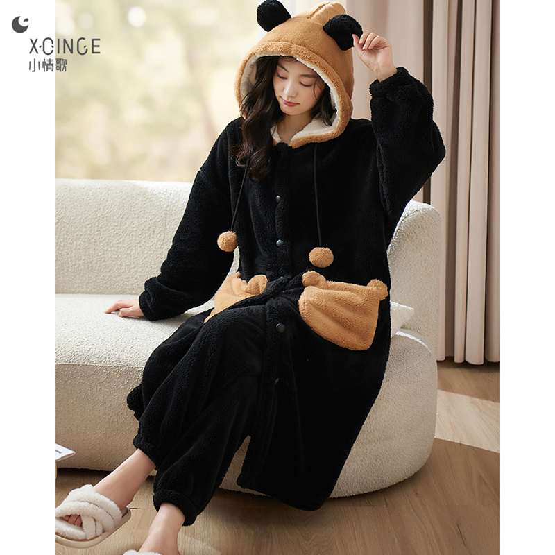 小情歌珊瑚绒袍裤睡衣女秋冬季加绒加厚保暖连帽可外穿家居服套装