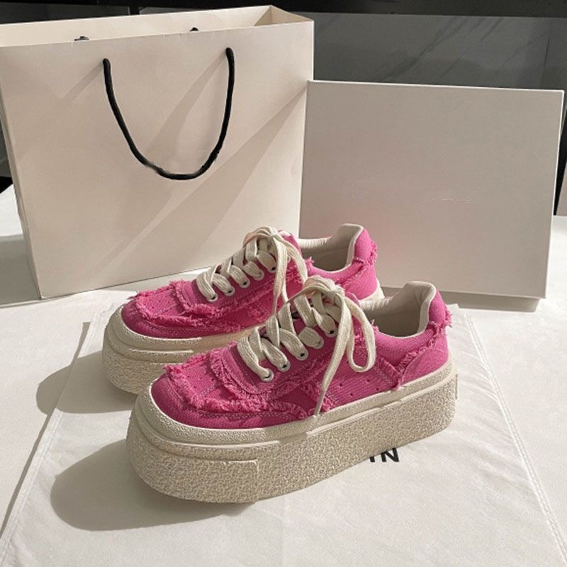 2023新款复吉风玫红色松糕板鞋女小众百搭厚底增高休闲乞丐帆布鞋