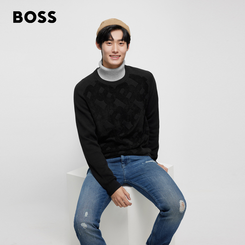 BOSS博斯男士新款字母提花图案装饰常规休闲毛衣50482270