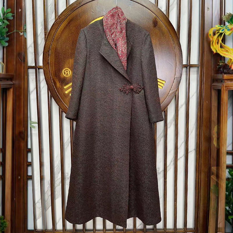 【红红火火】香云纱非遗凤尾盘扣蚕丝羊毛斜襟中式风衣外套G473242M