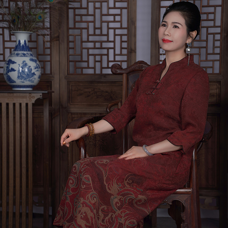 【雅戈】香云纱V领盘扣江崖海浪纹连衣裙妈妈旗袍G430063中国风裙子