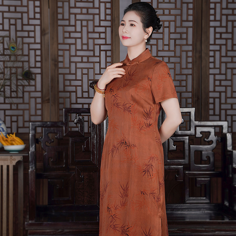 【富贵竹】香云纱竹叶长短袖全开襟旗袍裙C344146-1+2