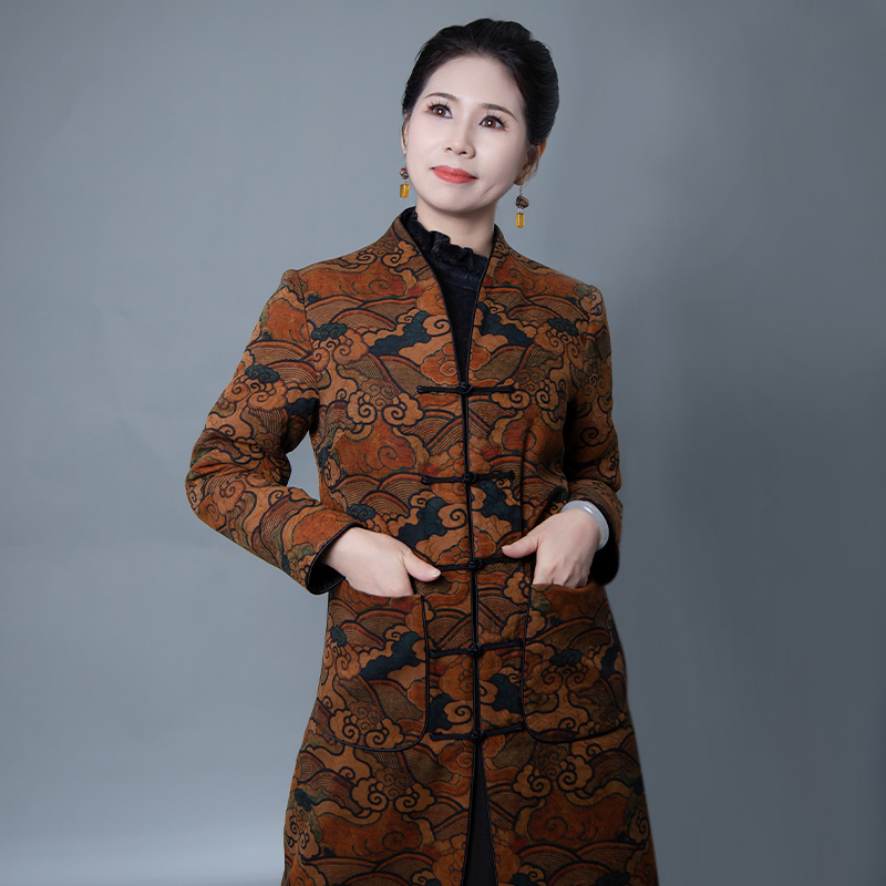 【吉祥如意】香云纱中式双面穿盘扣保暖冬季棉服中长款外套C359089