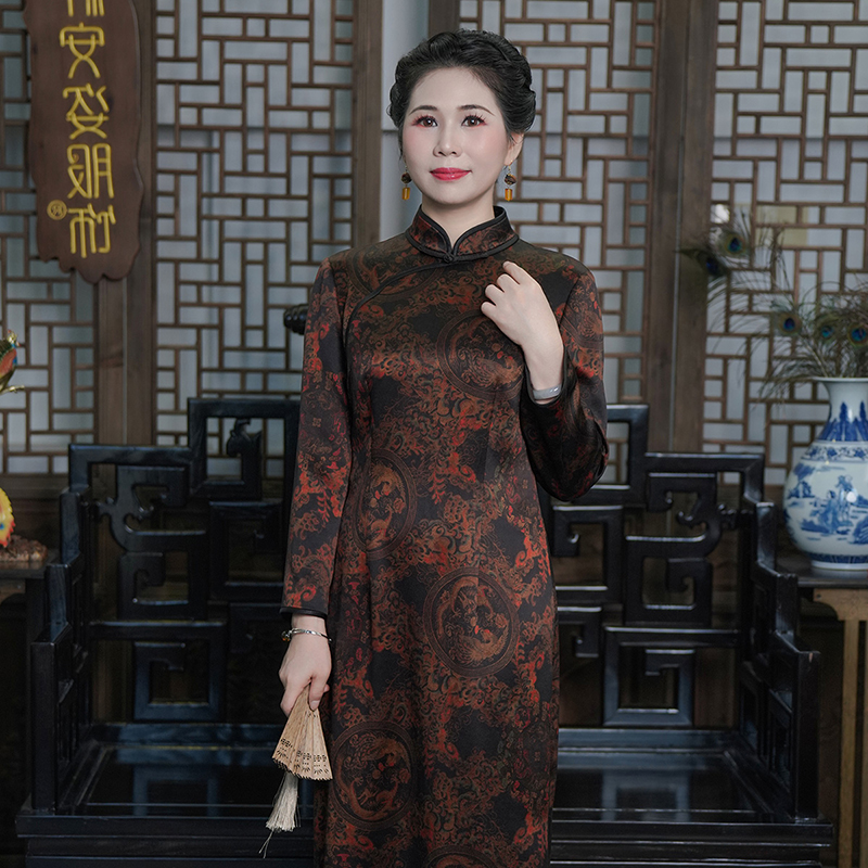 【龙凤呈祥】香云纱重磅皮子缎长短袖复古民国旗袍裙真丝G357145-1