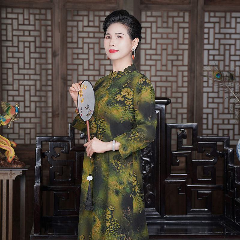 【浮华如梦】香云纱花瓣领蝶恋花印花连衣裙2025C392222