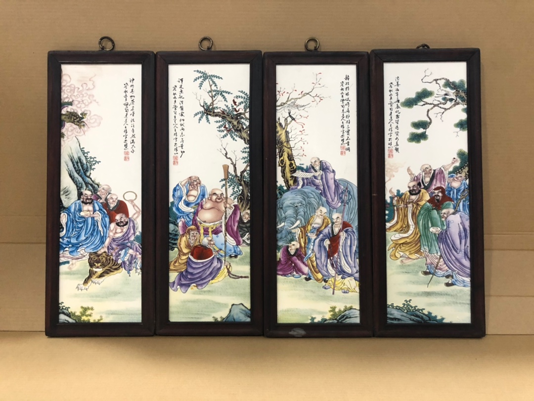 景德镇陶瓷瓷板画粉彩人物十八罗汉图