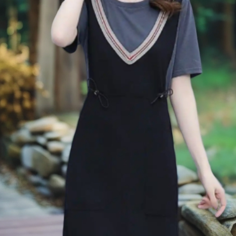 姐妹时尚潮牌黑色修身休闲大码女装夏季夏装洋气显瘦气质假两件