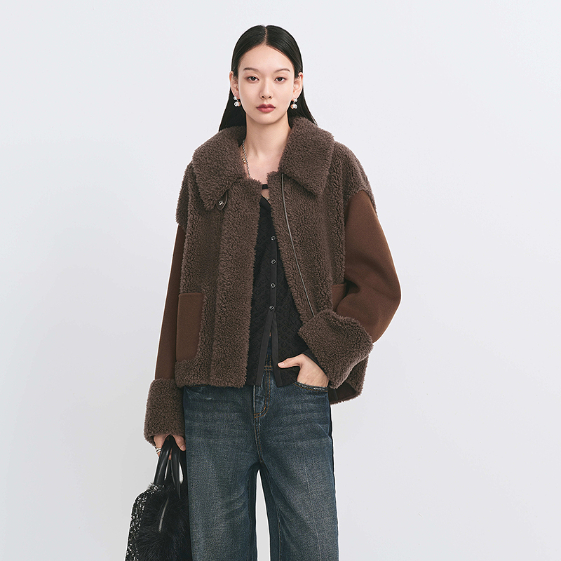 【商场同款】HPLY荷比俪冬季拼接感翻折立领毛绒外套HME45520275