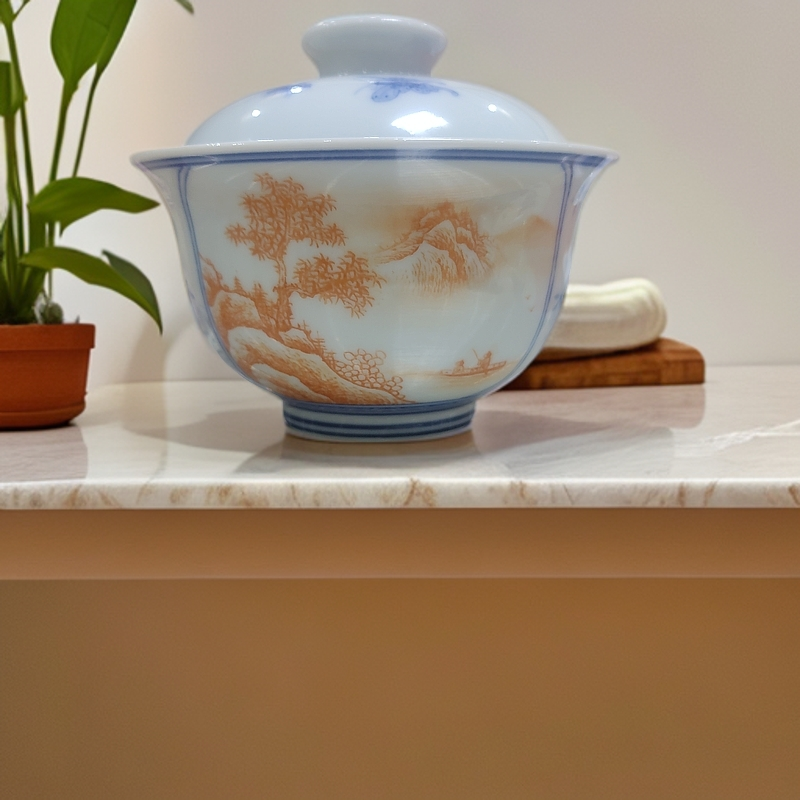 景德镇纯手工制作手绘青花竹叶两面开窗矾红山水二才盖碗