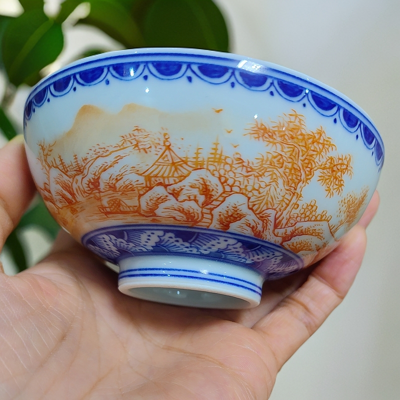 景德镇纯手工制作陶瓷手绘青花边角釉上泛红山水主人杯