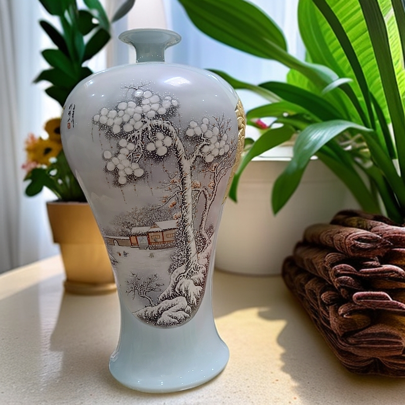 景德镇纯手工制作雕刻手绘雪景漂亮秀气高端大气上档次花瓶