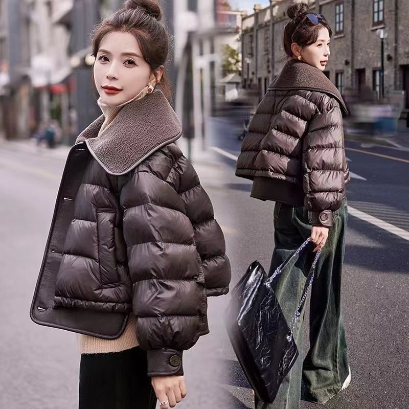 艾菜依羊羔毛大翻领羽绒服女2024冬季韩版时尚美拉德短款白外套