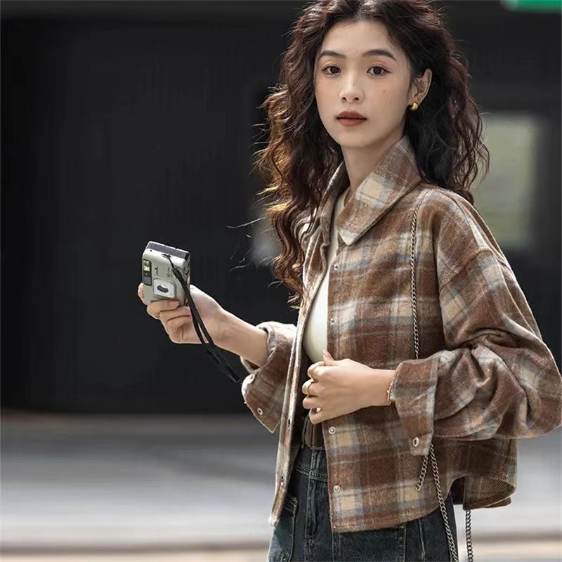 港风复古磨毛宽松格子衬衣春秋秋冬新款小个子短款长袖外套衬衫女