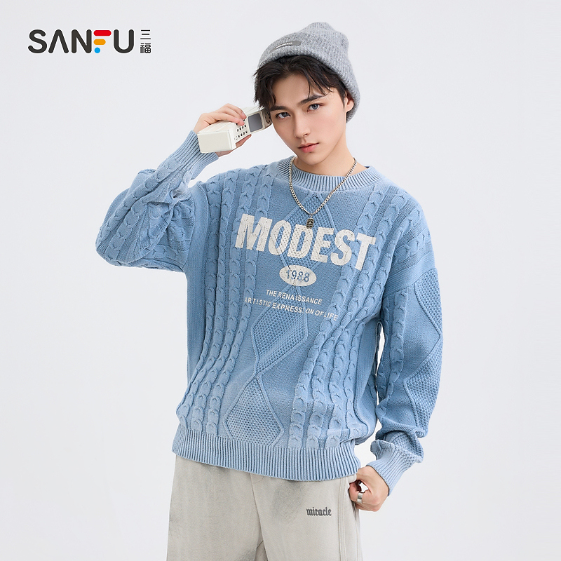 三福2024冬季男士喷色字母毛衣 街头宽松圆领上衣495071