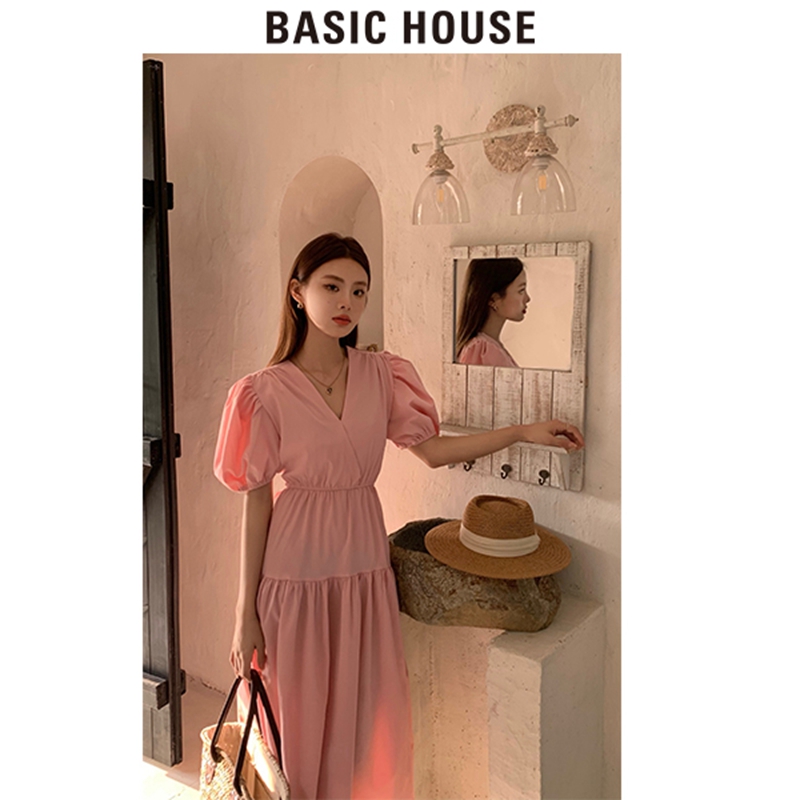 《50042》Basic House/百家好2024女士收腰系带法式V领显瘦连衣裙 