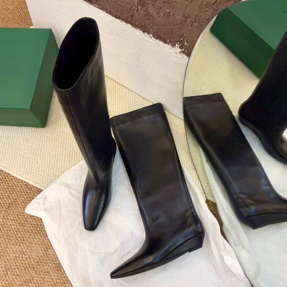 【王二今】牛皮/4.5CM/极简高级坡跟酷飒A显瘦裸靴骑士靴气质长筒靴