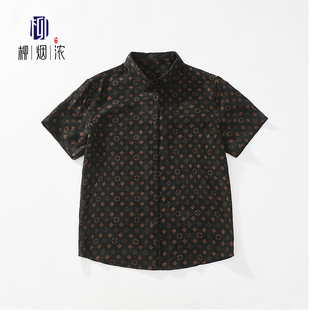 【柳烟浓】100%桑蚕丝全孔罗香云纱短袖衬衫男士花萝衬衣夏季中国风
