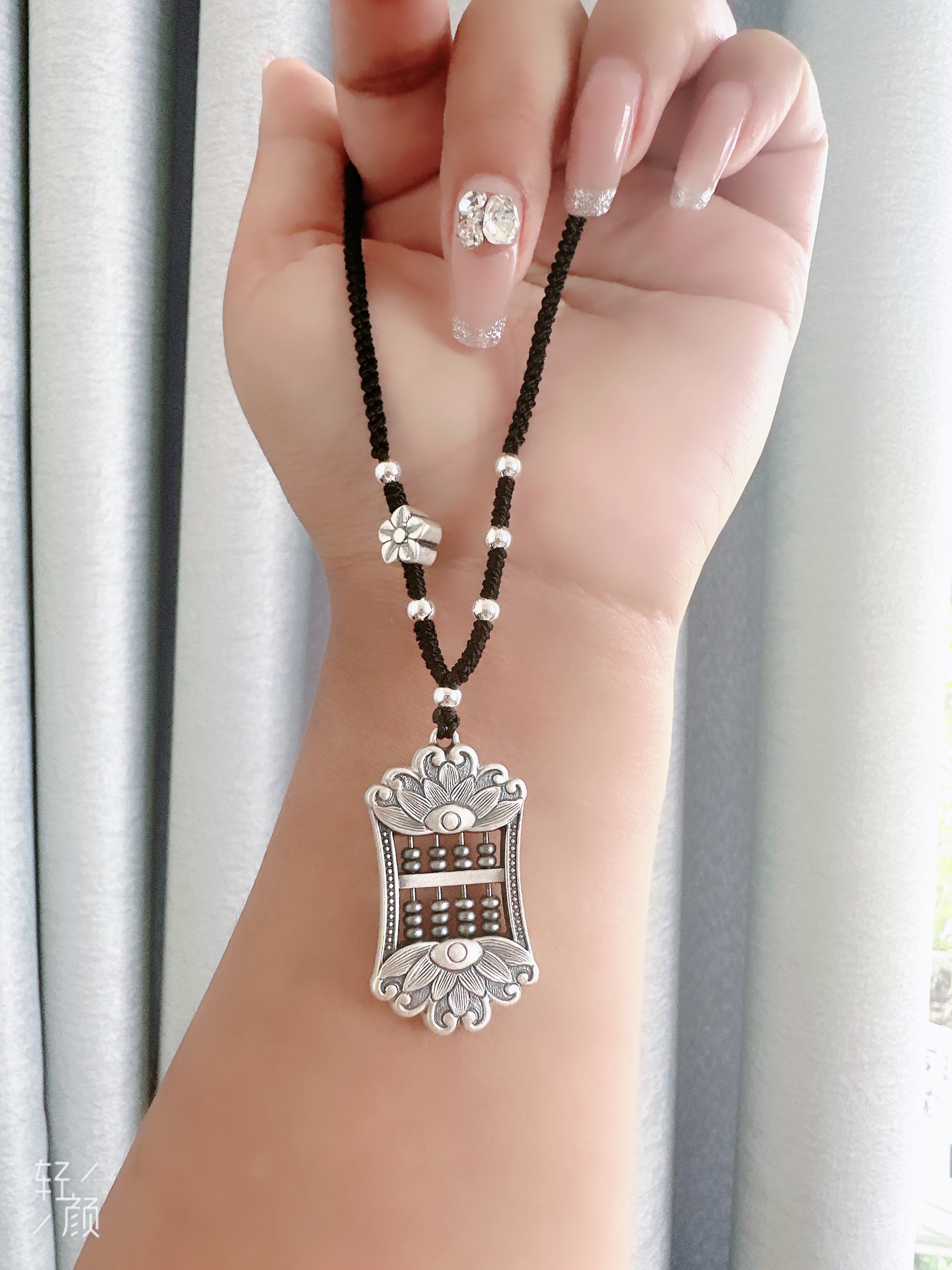 吊坠足银 足银999时尚复古做旧古风莲花算盘吊坠项链