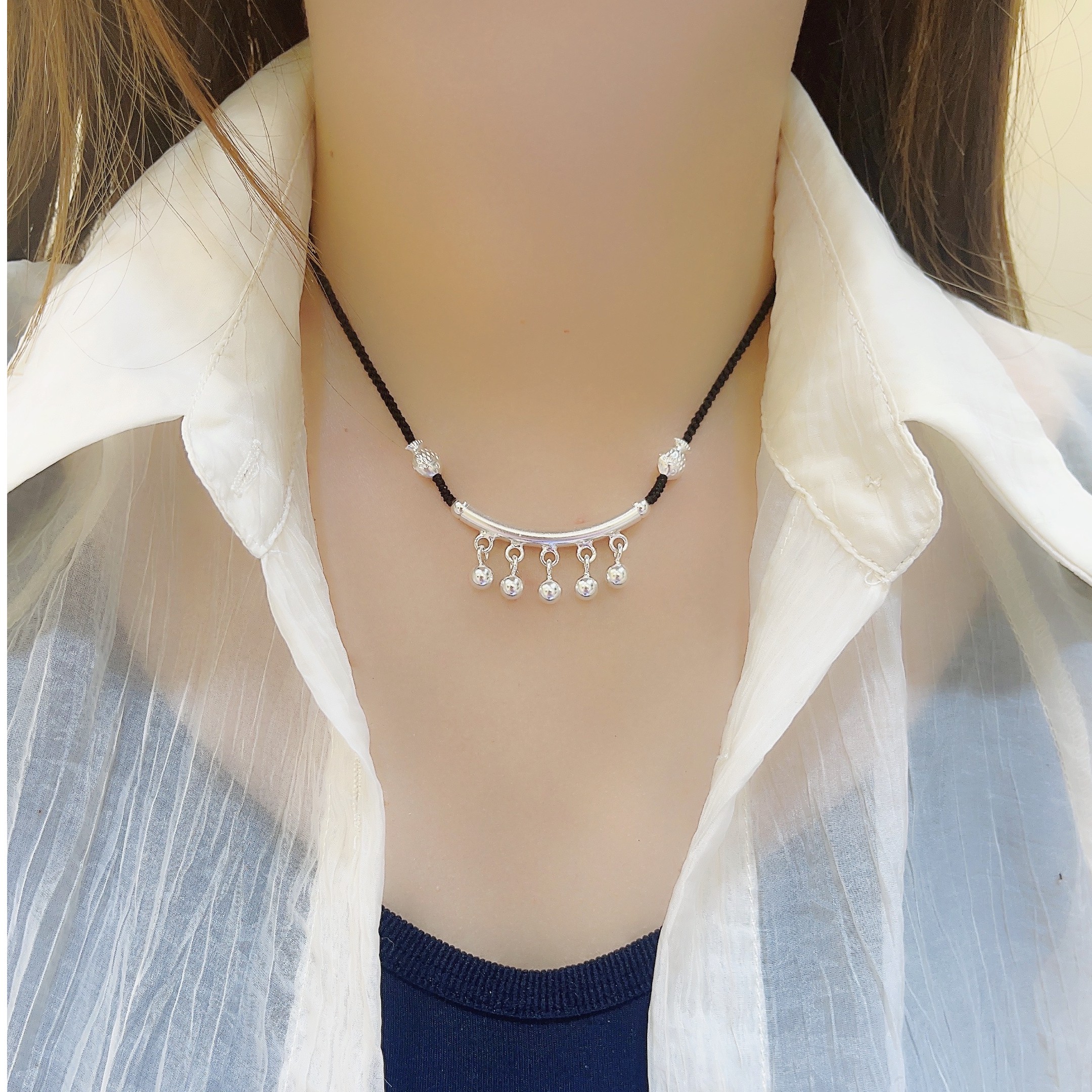 吊坠925银 纯银光面铃铛时尚精致款弯管时尚女锁骨链