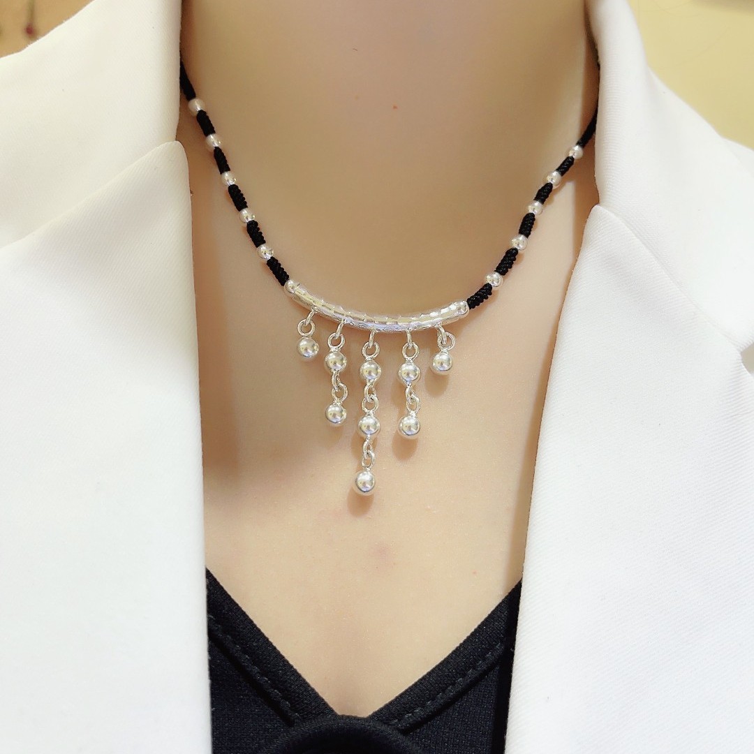 吊坠925银 纯银时尚多排流苏锤纹弯管女编制锁骨链