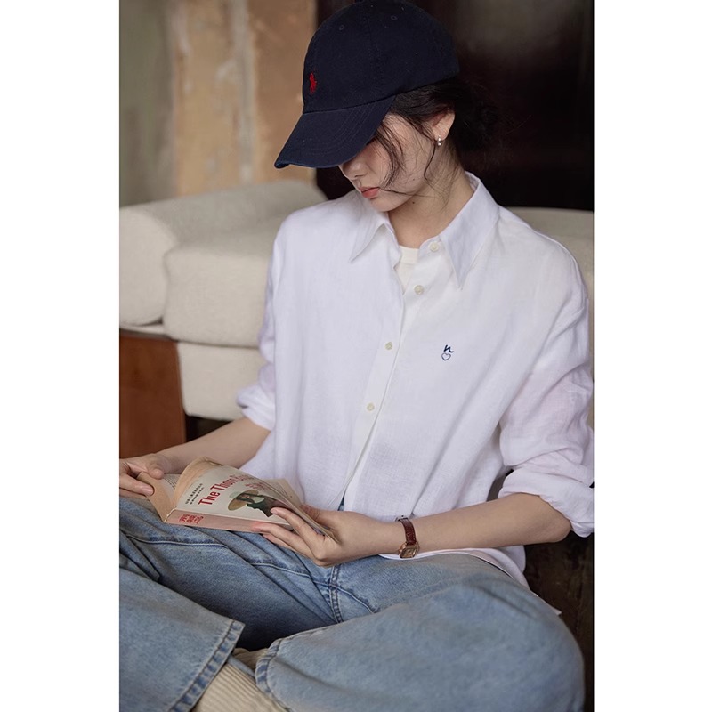 NICE PEOPLE直播 荃亚麻精致刺绣简约长袖衬衫上衣女蓝色白色