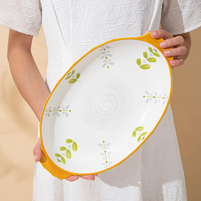 【逢春系列】小清新家用12.5英寸双耳釉下彩鱼盘餐盘陶瓷防烫早餐盘