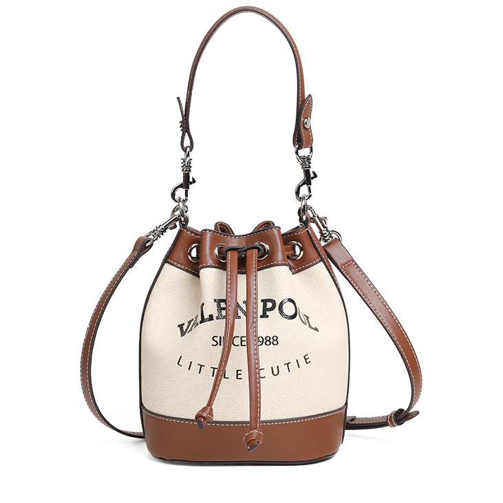 【轻奢】新款时尚牛皮撞色抽绳水桶包夏季出游通勤小包斜挎显年轻