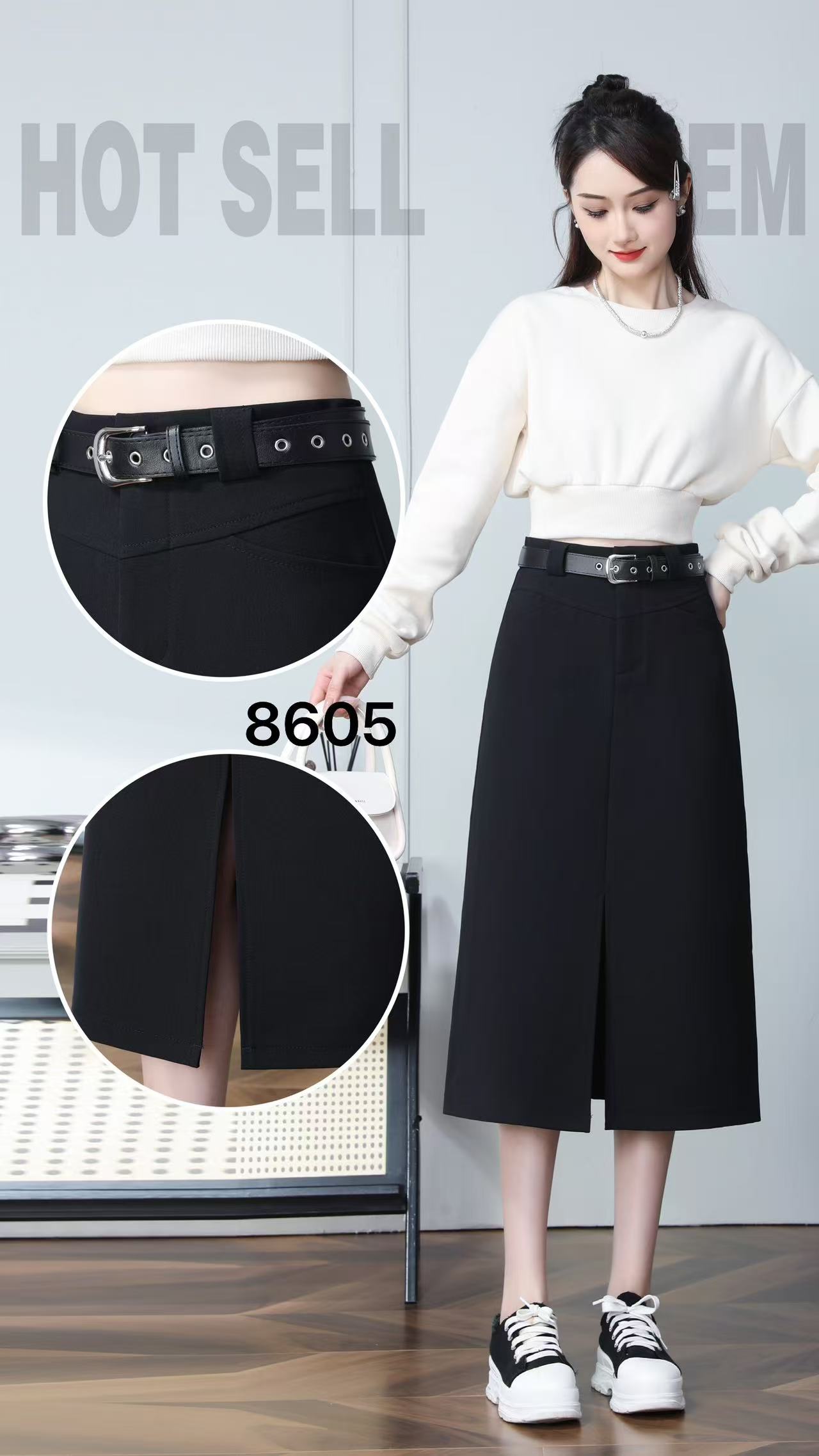 8605款裙长77cm黑色半身裙高腰显瘦中长款开叉包臀西装职业裙子