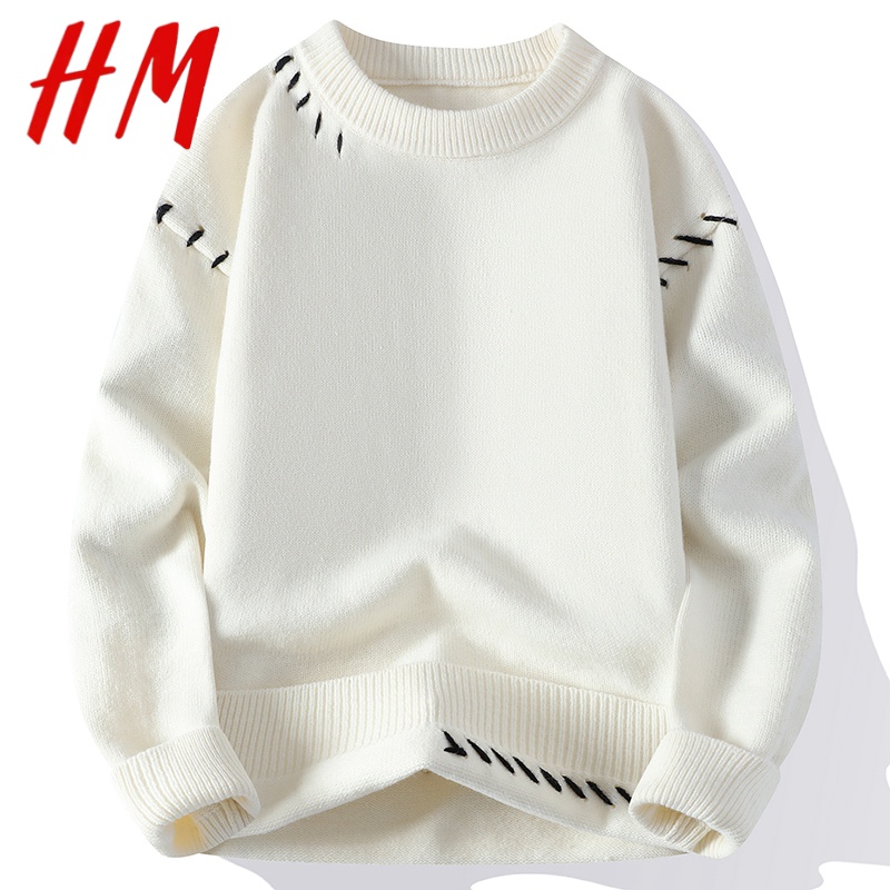 HM官方新款学生保暖纯色毛衣男士秋冬季美式设计感慵懒风针织衫