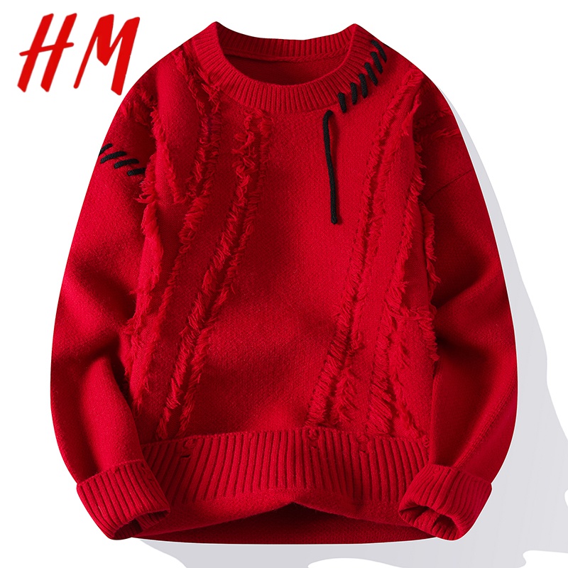HM新款毛衣男水貂绒仿貂绒潮牌高品质圆领针织衫毛线衣男士外套