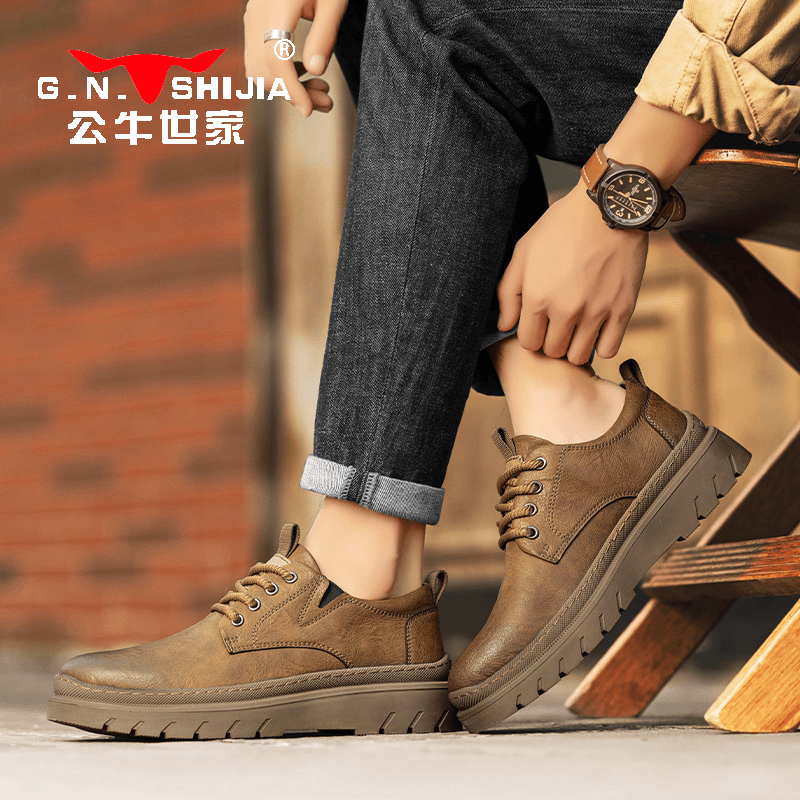 公牛世家春季男士休闲鞋时尚百搭大头复古潮流男鞋英伦低帮马丁