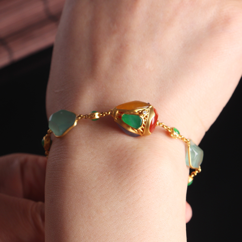 名玉艺术 天然缅甸翡翠 18K金镶嵌 冰种多彩 国风设计 翡翠手链