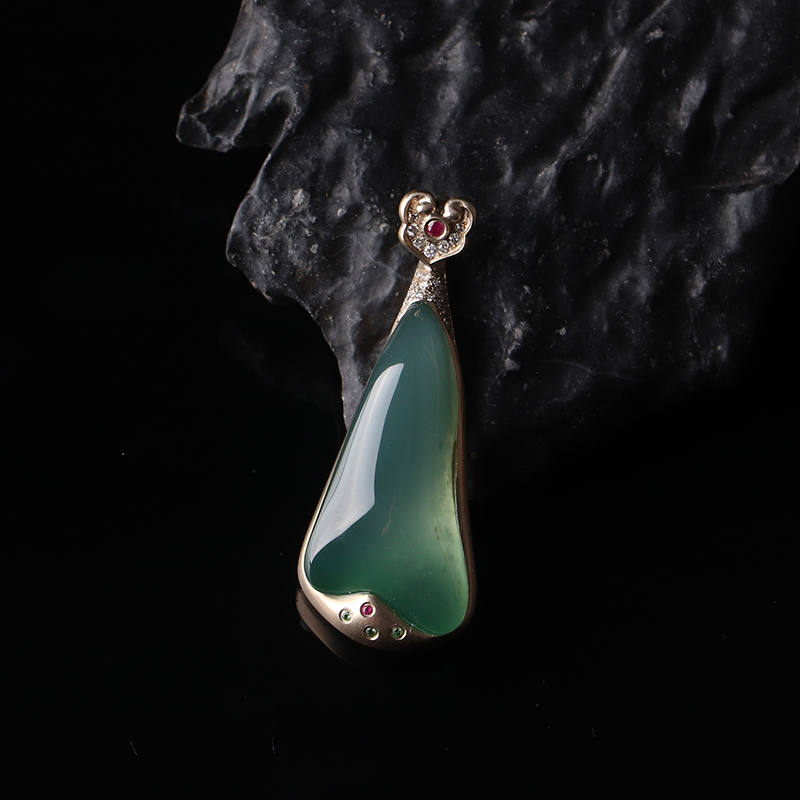 名玉艺术 天然缅甸翡翠 18K金镶嵌 冰种 晴底 设计款 吊坠