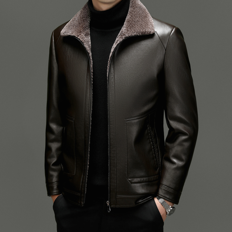 【海宁皮衣】皮毛一体男外套冬季皮衣翻领短款海宁商务休闲皮夹克厚