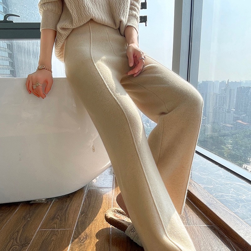 女高腰阔腿裤显瘦时尚外穿百搭宽松厚款保暖裤子松紧腰仿羊绒