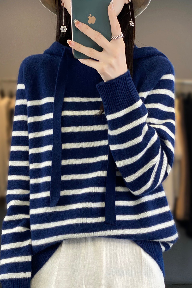 女厚连帽条纹针织衫长袖韩版慵懒风百搭宽松套头毛衣上衣显瘦时尚