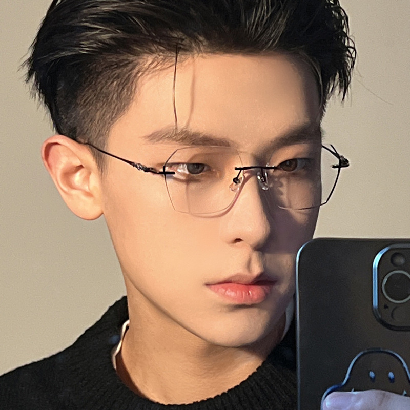 配成品近视眼镜复古超轻蓝光半框平光镜有度数男女款网红变色镶边