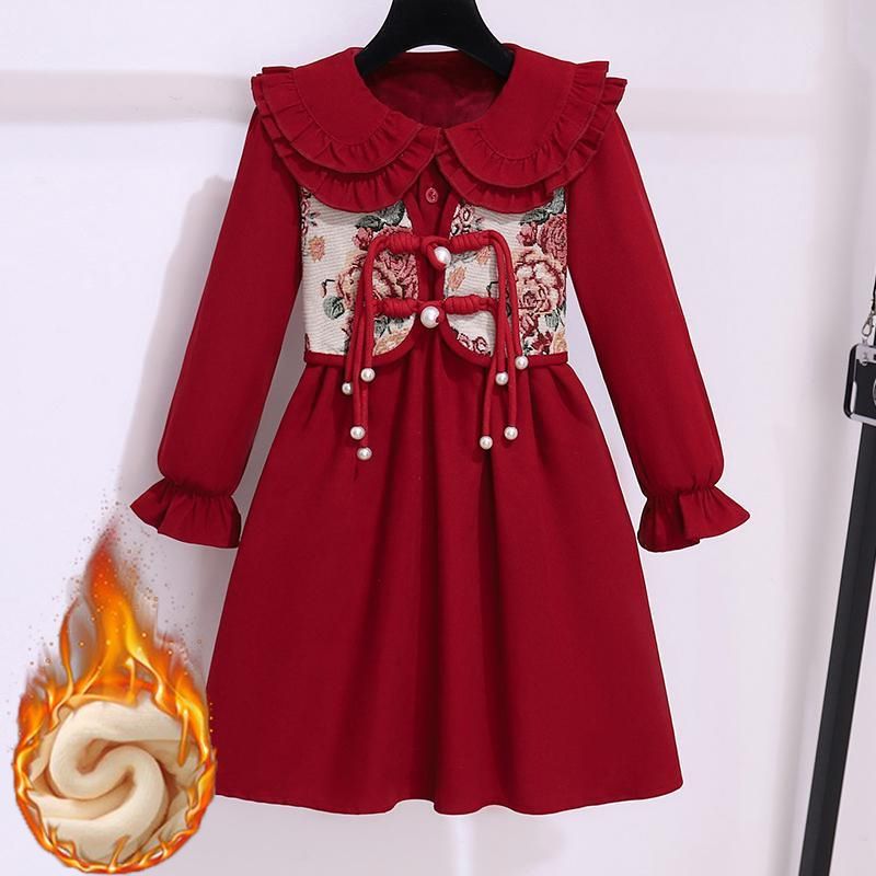 童装潮款Y女童红色连衣裙2024新款洋气加绒公主裙儿童裙子加厚新