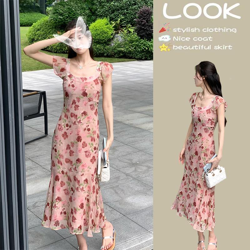 感小飞袖碎花裙子女2023夏季新款法式气质连衣裙长裙夏女