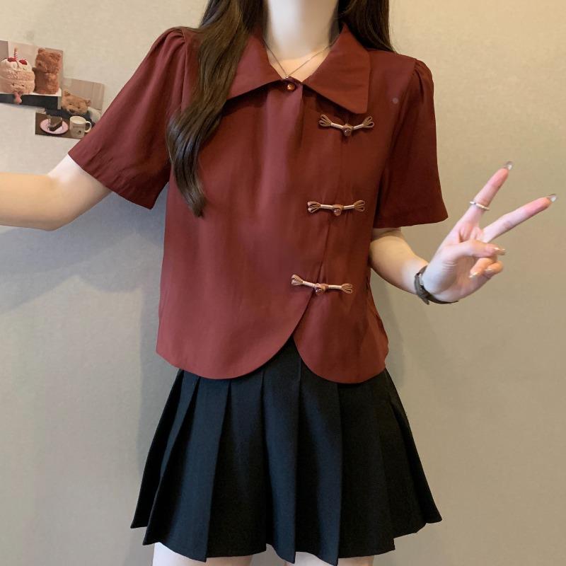 大码短袖衬衫女夏季感雪纺衬衣胖显瘦复古国风盘扣上衣