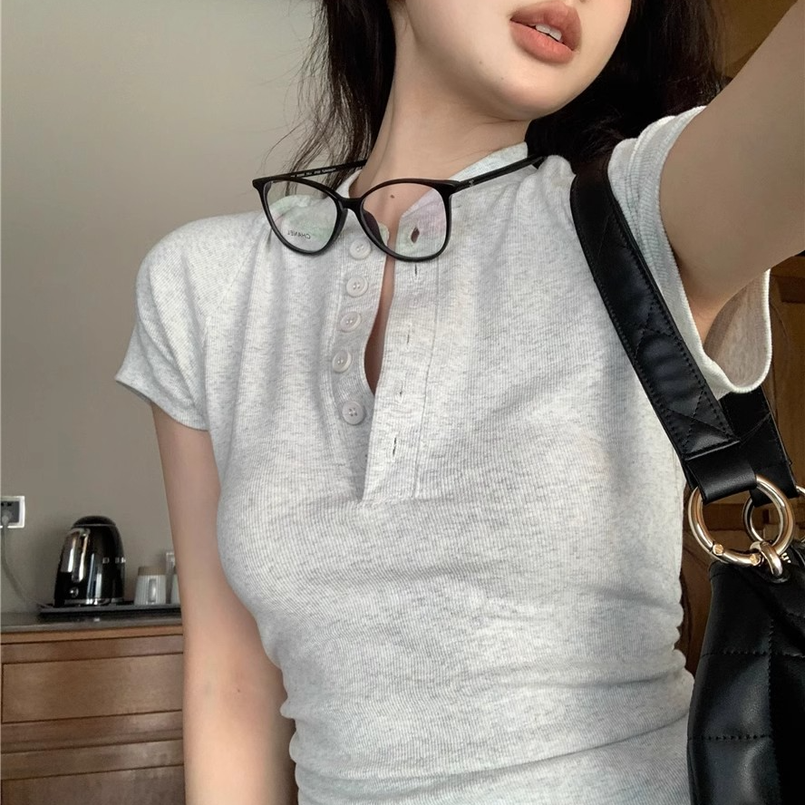【清仓】半开领掐腰显瘦短袖t恤女夏装新款插肩袖韩版褶皱女装小衫
