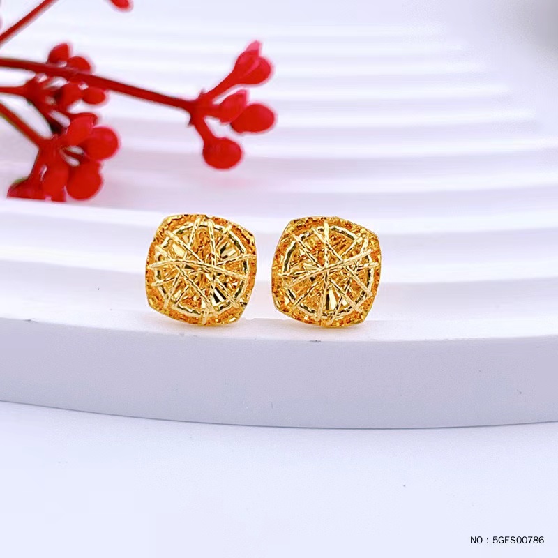 足金小方糖耳钉5G黄金影底耳钉绕线气质时尚百搭复古精致精美素款