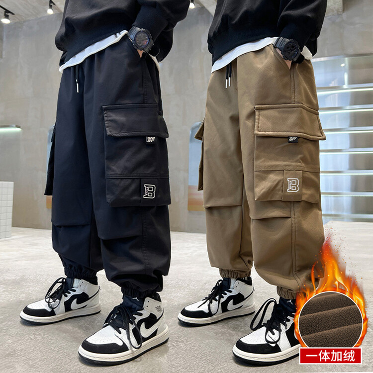 男童裤子秋冬款儿童工装裤2023新款大童冬装加绒加厚男孩冬季长裤