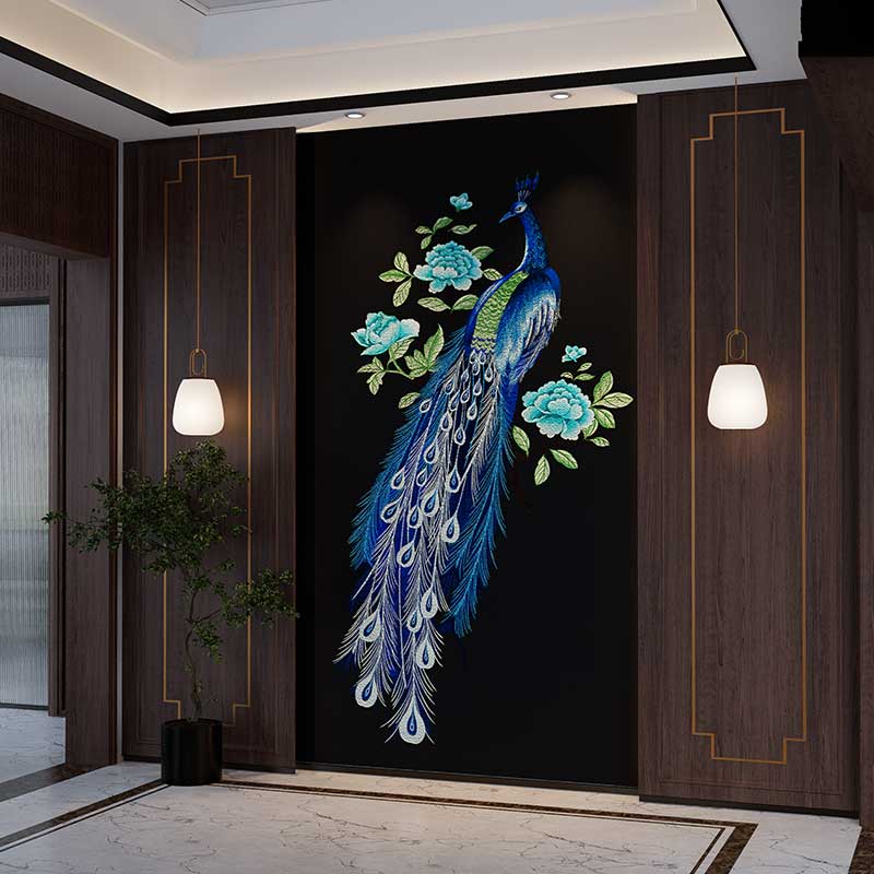 定制孔雀小玄关千姿百态高端独绣新中式刺绣背景墙玄关壁布