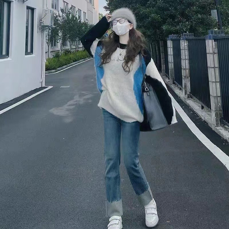 复古学院风拼色圆领针织毛衣女秋冬款小个子时尚洋气宽松上衣