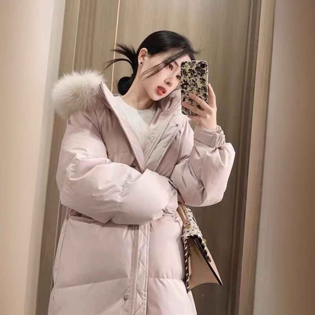 香榭颂真狐狸毛领羽绒服女2024冬季新款中长款加厚宽松白鸭绒