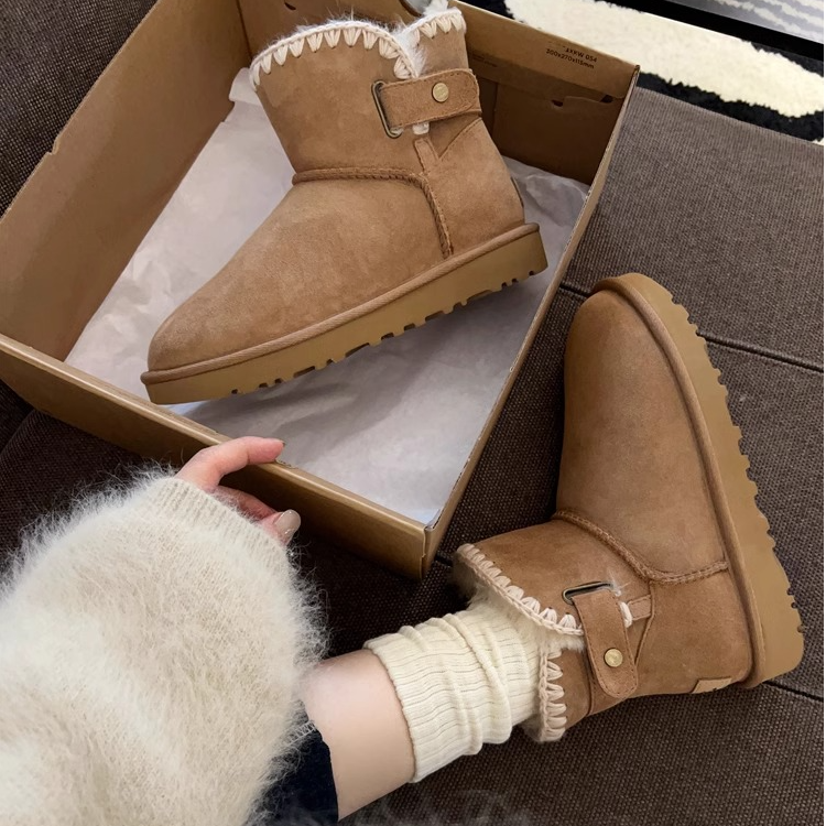 编织雪地靴女款2025新款冬季羊皮毛一体防滑保暖短筒加厚平底靴子